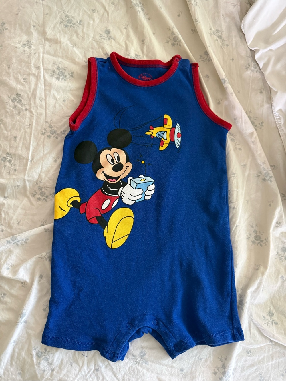 Vintage Disney Mickey Mouse Blue Sleeveless Romper with Red Trim